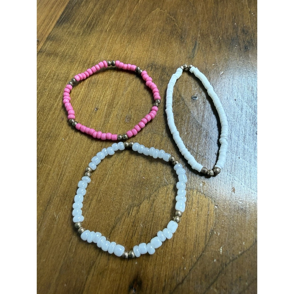 Lot Of 3 Stretch Pink White Stackable Boho Charming Seed Beaded Heishi Bracelets